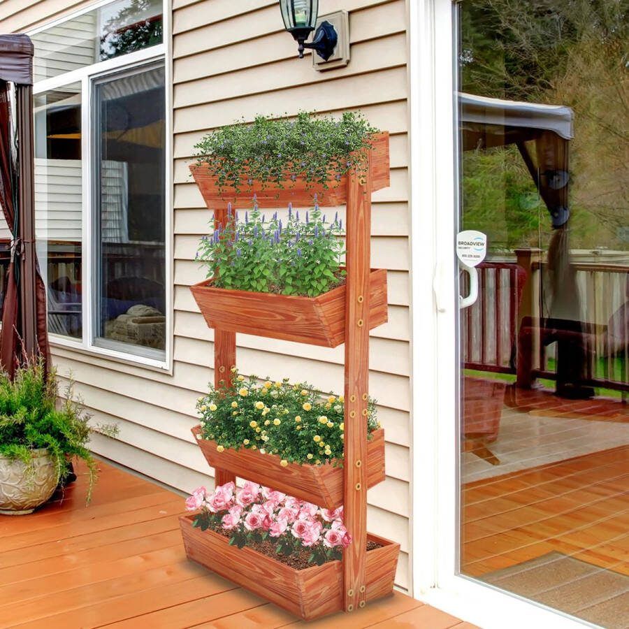 Instinct 4-Laags Verhoogd plantenrek Verticaal Bloempottenrek met Afneembare Ladder en Verstelbare Plank 140x65x26 cm