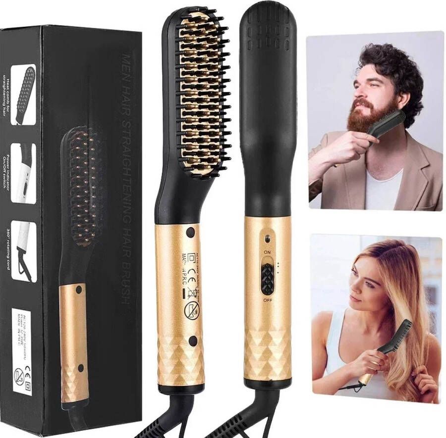 Instinct Baard Stijltang – Draadloze Stijltang Borstel met USB-oplaadfunctie Haar Rechttrekken Kam voor Mannen goud