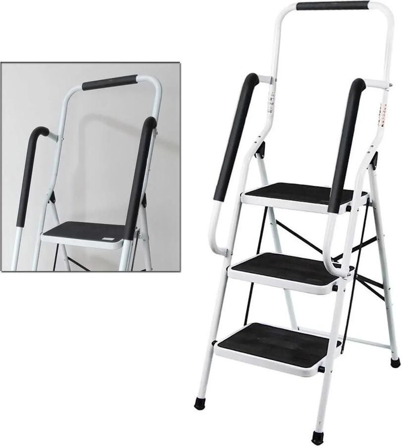 Instinct Huishoudtrap met Leuning – 3 Treden Opklapladder Opvouwbaar en Draagbaar met Antislip Mat Compact en makkelijk