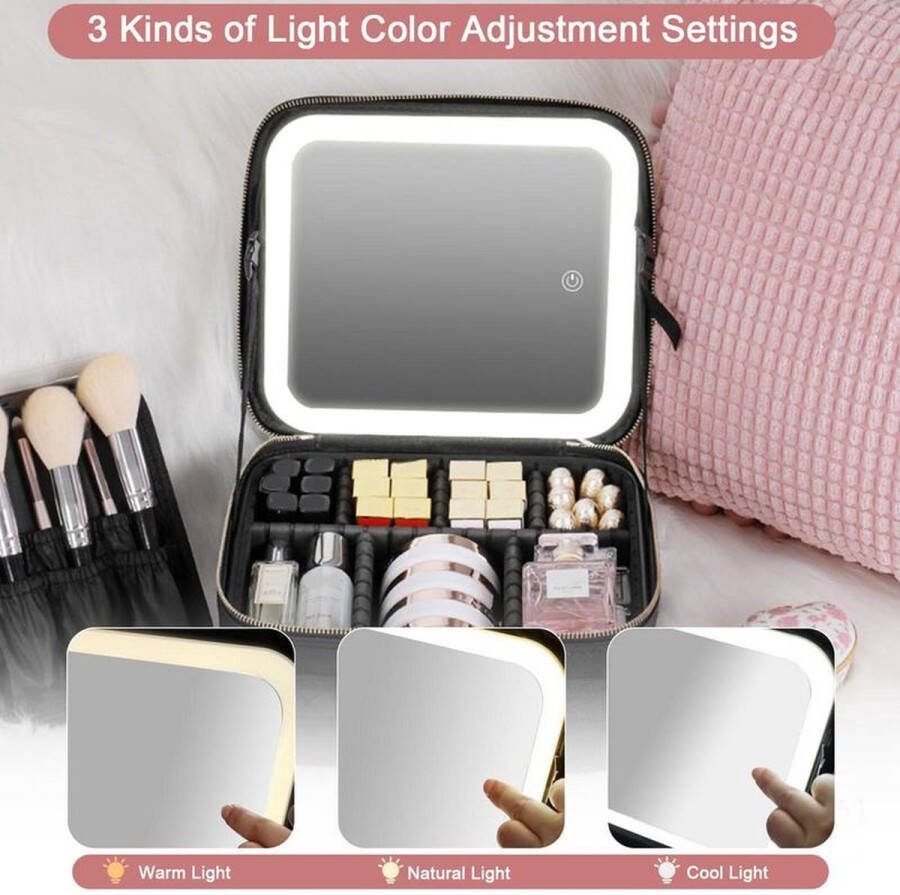 Instinct Make-Up Tas met Oplichtende Spiegel – LED Verlichte Make-Up Case met 3 Kleuren Licht PU Lederen Reisorganisator roze