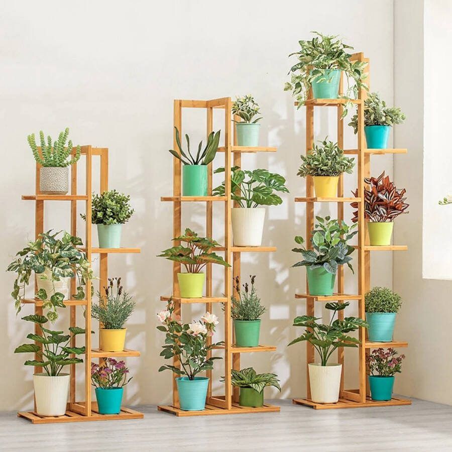 Instinct Plantenrek Standaard – 6 Tier Bloempot Houder Meerdere Planten Display Rekken voor Binnen en Buiten Patio bamboe