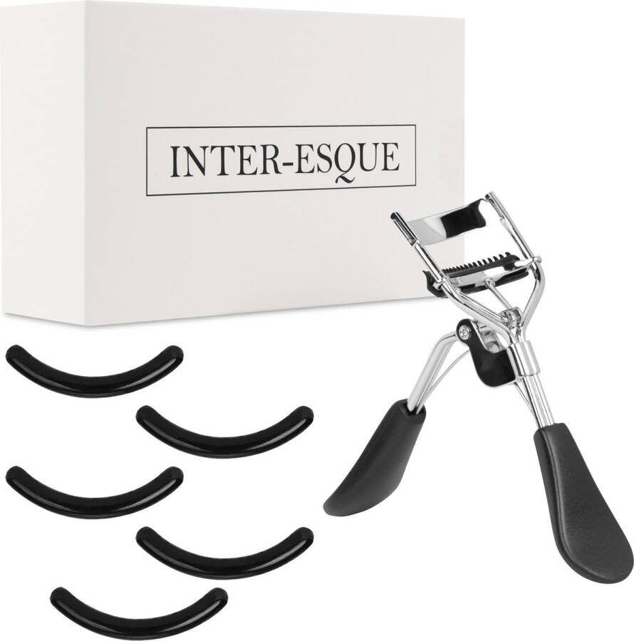 INTER-ESQUE Wimperkruller Met Kam Eyelash Curler + 5x Gratis Extra Siliconen Pad Zwart Zilver