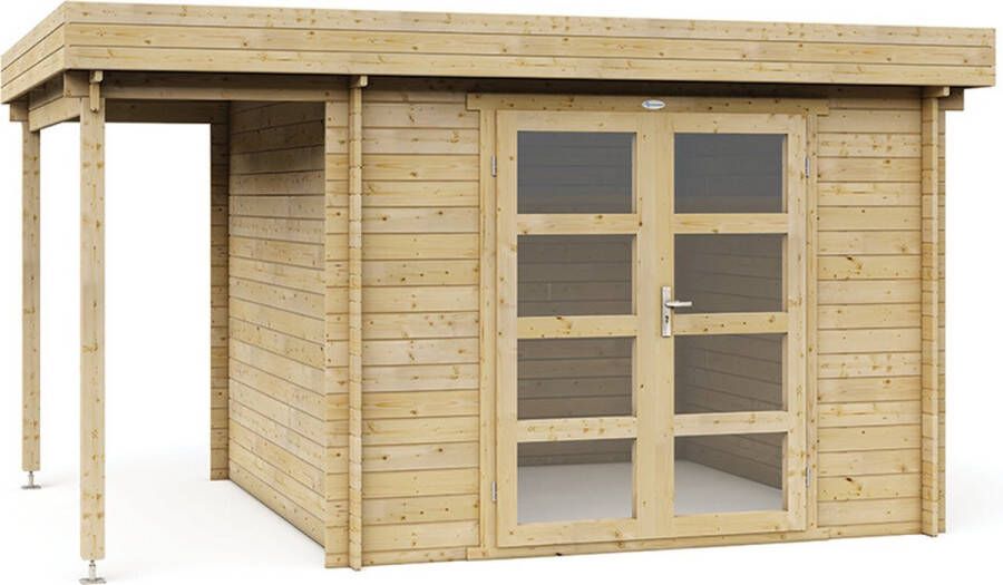Interflex tuinhuis met overkapping blokhut geïmpregneerd hout inclusief dakbedekking 331M