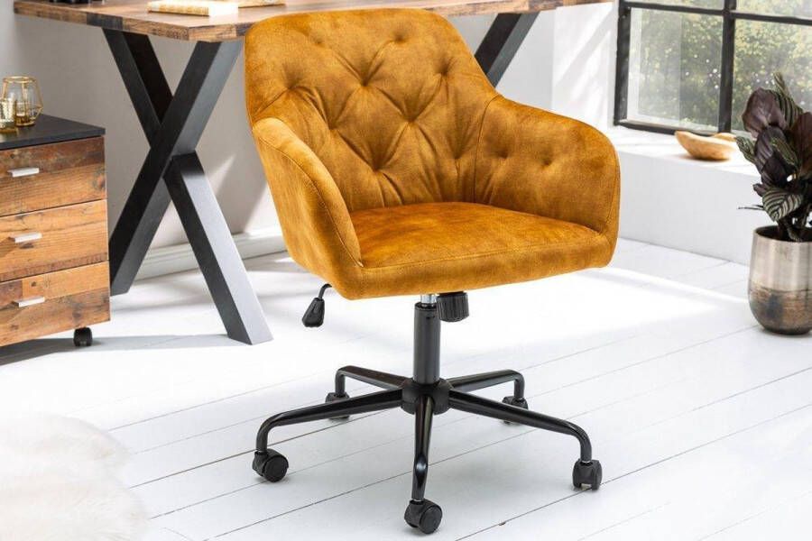 Interieurs online Moderne Design Bureaustoel verstelbaar in hoogte mosterdgeel stof fluweel met doorgestikte stiksels
