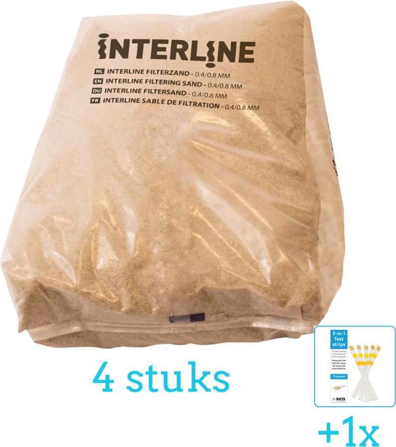 Interline Vulling Zandfilter 0.4 0.8mm Zwembad-Toebehoren 25 kg 4 stuks Voordeelverpakking Inclusief WAYS Testrips (1 stuks) Geschikt voor Intex en Bestway Zandfilterpomp