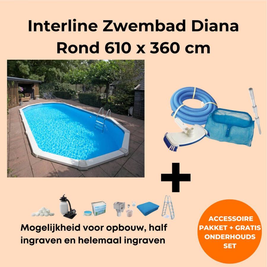 Interline zwembad Diana 6 10 x 3 60m ovaal Metaalwand zwembad Op- en inbouw Inclusief filterset Inclusief zwembadtrap Gratis onderhoudsset