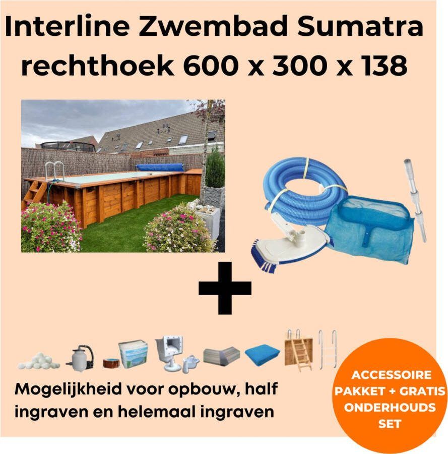 Interline zwembad Sumatra 6 00 x 3 00m rechthoek Houten constructie Op- en inbouw Inclusief filterset Inclusief zwembadtrap Gratis onderhoudsset