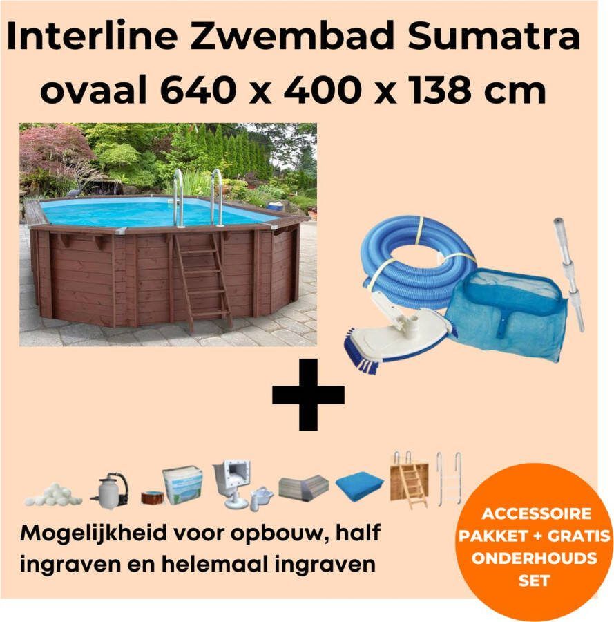 Interline zwembad Sumatra 6 40 x 4 00m ovaal Houten constructie Op- en inbouw Inclusief filterset Inclusief zwembadtrap Gratis onderhoudsset