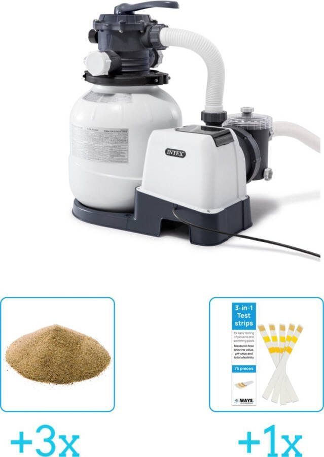 Intex 26646GS Zandfilterpomp SX2100 6000 liter per uur inclusief Interline Vulling Zandfilter 0.4 0.8mm Zwembad-Toebehoren 25 kg (3 stuks) & WAYS Testrips (1 stuks)