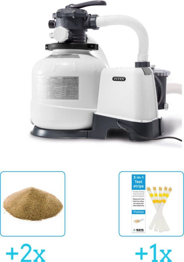 Intex 26648GS Zandfilterpomp SX2800 8000 liter per uur inclusief Interline Vulling Zandfilter 0.4 0.8mm Zwembad-Toebehoren 25 kg (2 stuks) & WAYS Testrips (1 stuks)