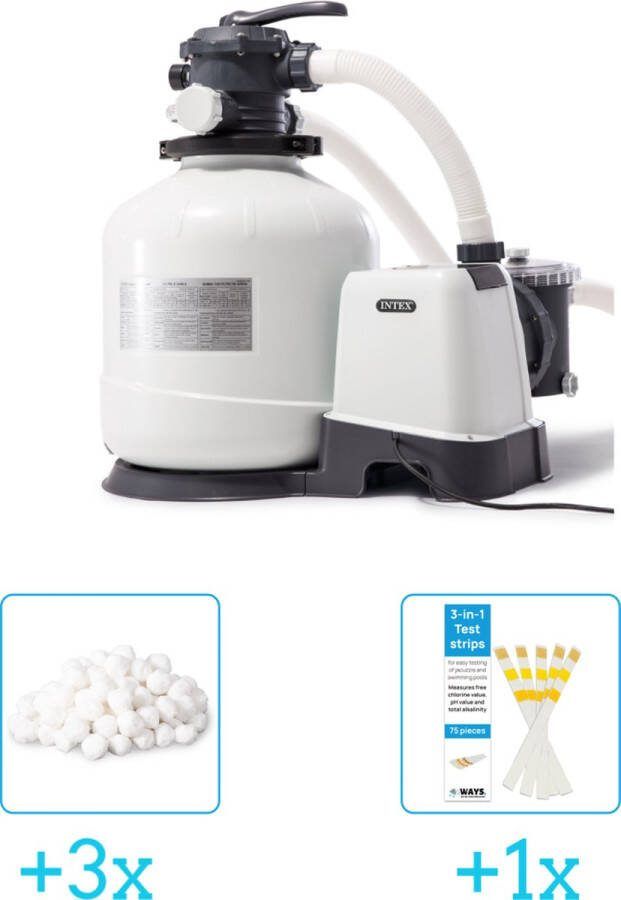 Intex 26652GS Zandfilterpomp SX3200 10.000 liter per uur inclusief Filterbollen Geschikt voor zandfilterpomp 29045 (3 stuks) & WAYS Testrips (1 stuks)