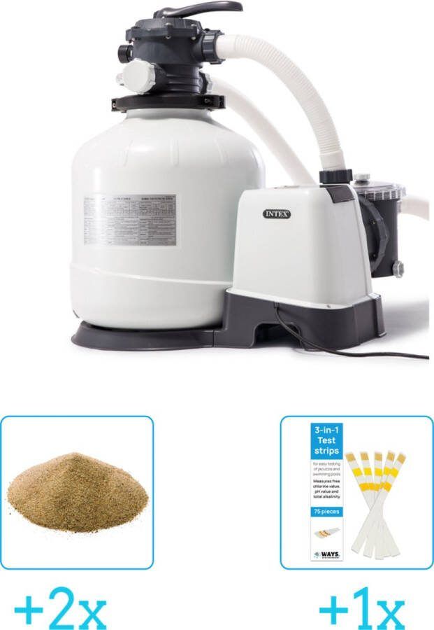 Intex 26652GS Zandfilterpomp SX3200 10.000 liter per uur inclusief Interline Vulling Zandfilter 0.4 0.8mm Zwembad-Toebehoren 25 kg (2 stuks) & WAYS Testrips (1 stuks)