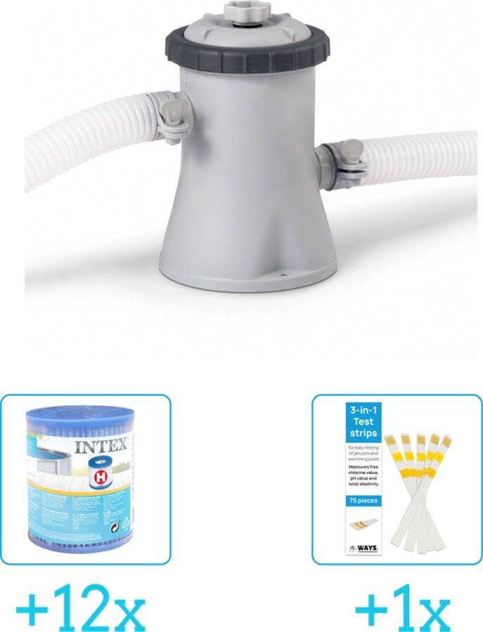 Intex 28602GS Filterpomp 1.250 liter per uur inclusief Filter Cardridge Type H (12 stuks) & WAYS Testrips (1 stuks)