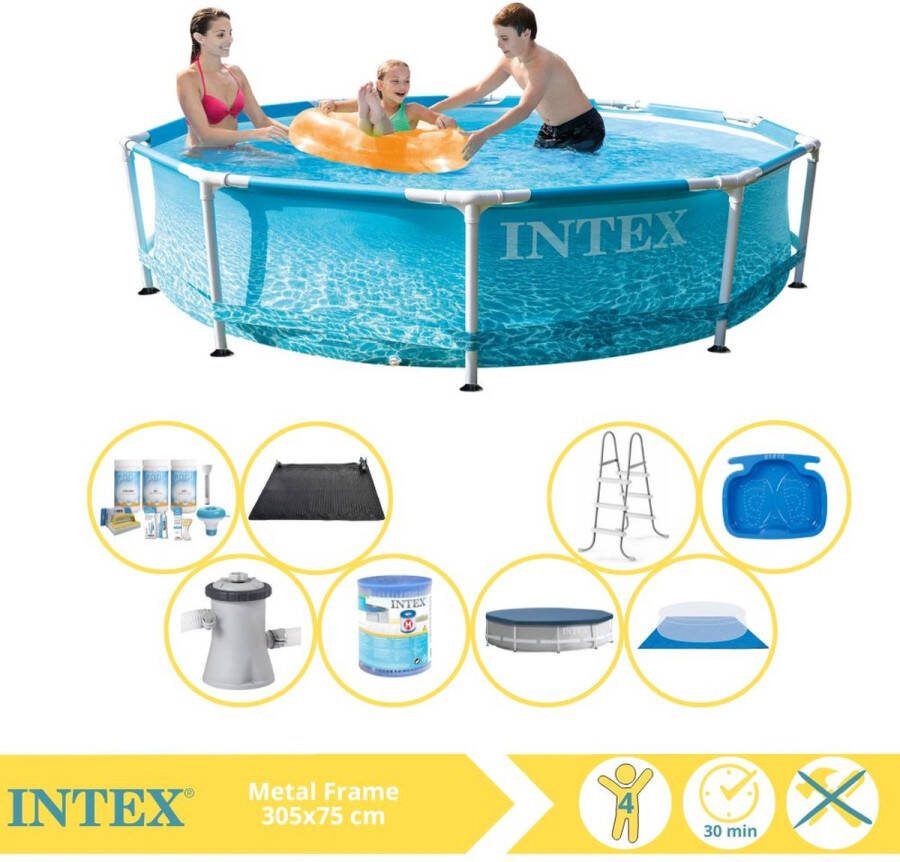 Intex Beachside Metal Frame Zwembad Opzetzwembad 305x76 cm Inclusief Afdekzeil Onderhoudspakket Filter Grondzeil Solar Mat Trap en Voetenbad