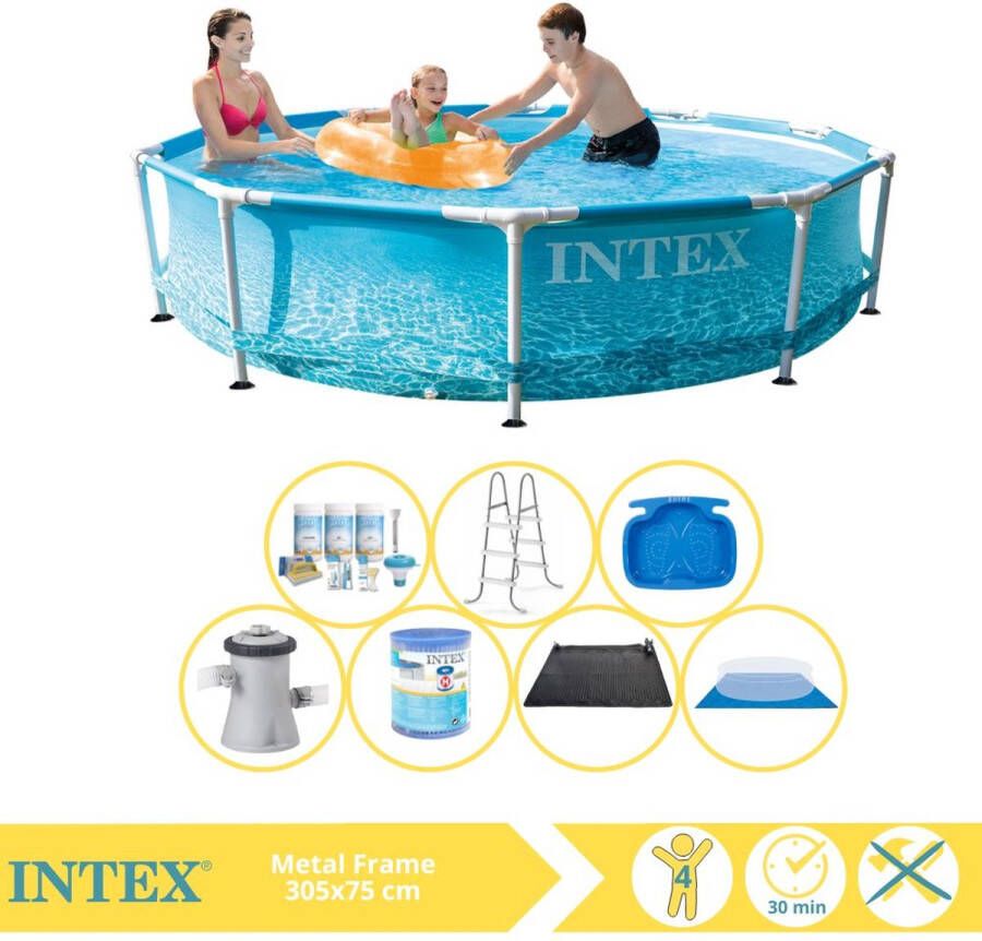 Intex Beachside Metal Frame Zwembad Opzetzwembad 305x76 cm Inclusief Onderhoudspakket Filter Grondzeil en Stofzuiger