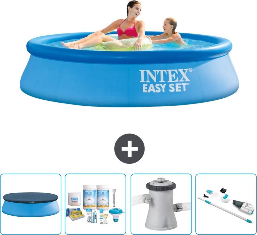 Intex Easy Set Intex Rond Opblaasbaar Easy Set Zwembad 244 x 61 cm Blauw Inclusief Afdekzeil Onderhoudspakket Zwembadfilterpomp Stofzuiger