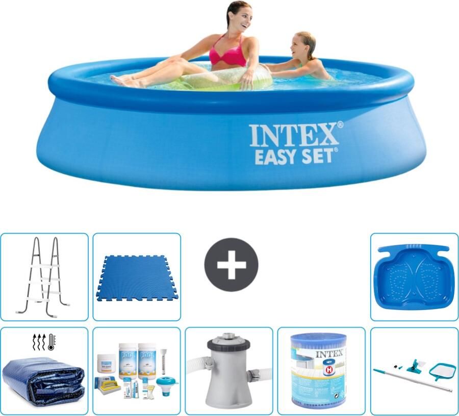 Intex Easy Set Intex Rond Opblaasbaar Easy Set Zwembad 244 x 61 cm Blauw Inclusief Solarzeil Onderhoudspakket Zwembadfilterpomp Filter Schoonmaakset Ladder Voetenbad Vloertegels