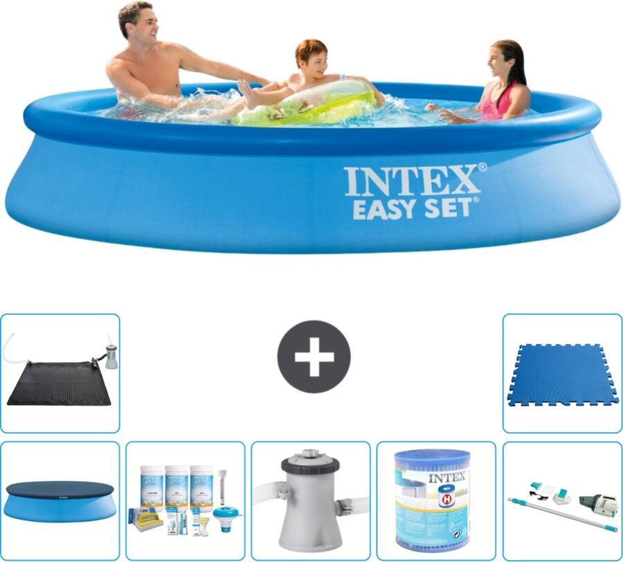 Intex Easy Set Intex Rond Opblaasbaar Easy Set Zwembad 305 x 61 cm Blauw Inclusief Afdekzeil Onderhoudspakket Zwembadfilterpomp Filter Stofzuiger Solar Mat Vloertegels