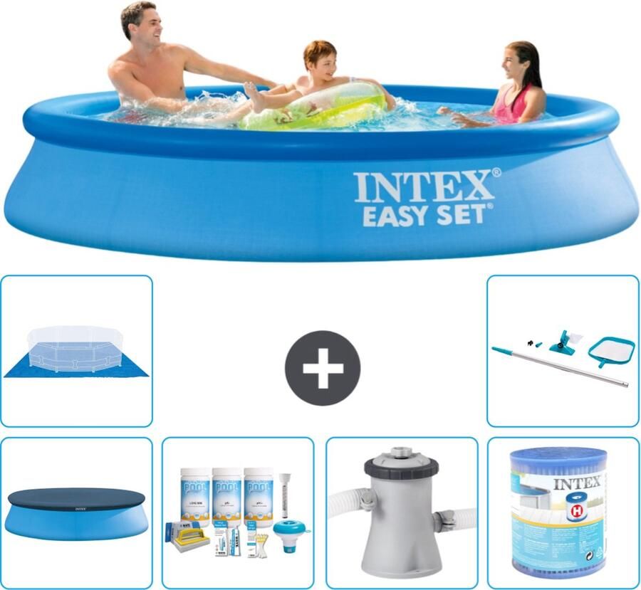 Intex Easy Set Intex Rond Opblaasbaar Easy Set Zwembad 305 x 61 cm Blauw Inclusief Afdekzeil Onderhoudspakket Zwembadfilterpomp Filter Grondzeil Schoonmaakset