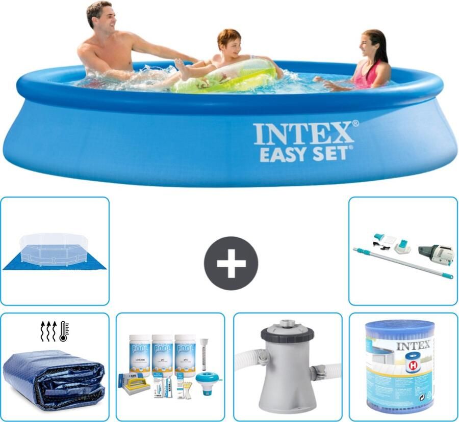 Intex Easy Set Intex Rond Opblaasbaar Easy Set Zwembad 305 x 61 cm Blauw Inclusief Solarzeil Onderhoudspakket Zwembadfilterpomp Filter Grondzeil Stofzuiger