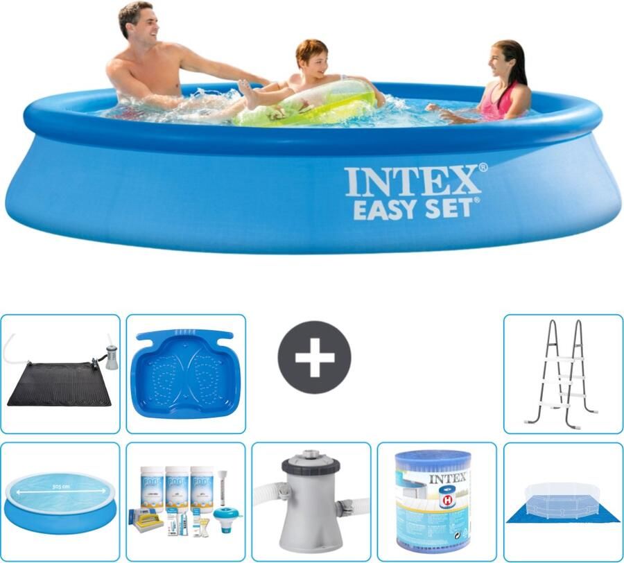 Intex Easy Set Intex Rond Opblaasbaar Easy Set Zwembad 305 x 61 cm Blauw Inclusief Solarzeil Onderhoudspakket Zwembadfilterpomp Filter Grondzeil Solar Mat Ladder Voetenbad
