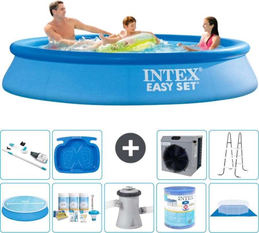 Intex Easy Set Intex Rond Opblaasbaar Easy Set Zwembad 305 x 61 cm Blauw Inclusief Solarzeil Onderhoudspakket Zwembadfilterpomp Filter Grondzeil Stofzuiger Ladder Voetenbad Warmtepomp