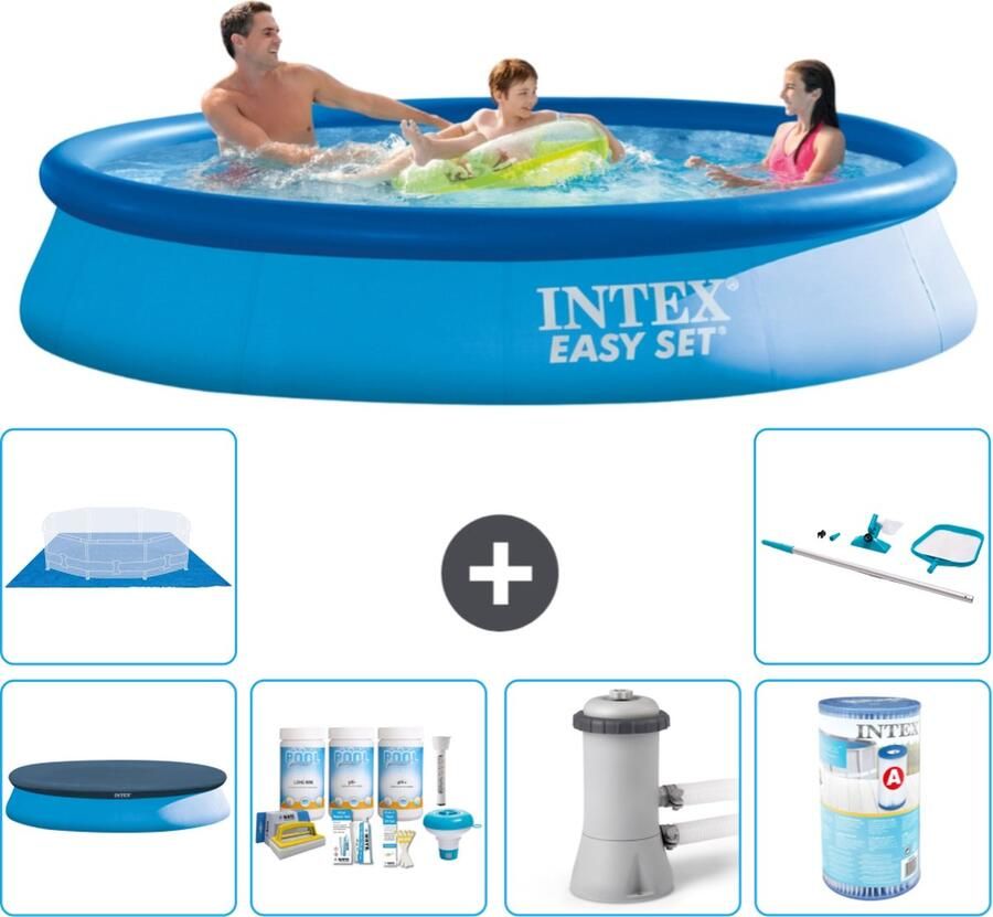 Intex Easy Set Intex Rond Opblaasbaar Easy Set Zwembad 366 x 76 cm Blauw Inclusief Afdekzeil Onderhoudspakket Zwembadfilterpomp Filter Grondzeil Schoonmaakset