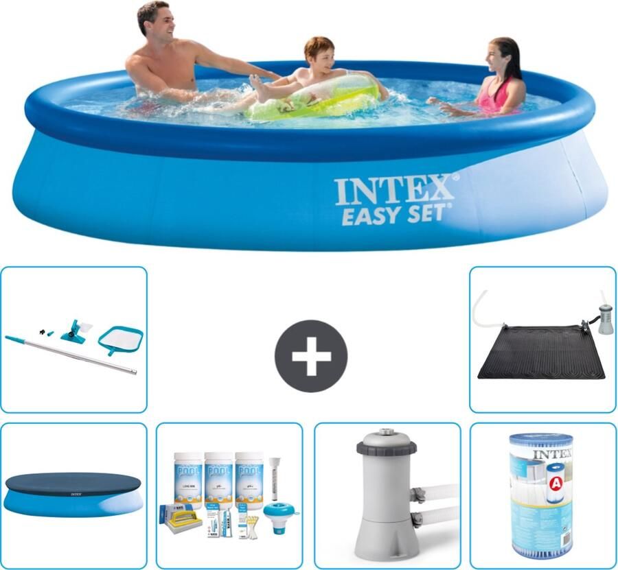 Intex Easy Set Intex Rond Opblaasbaar Easy Set Zwembad 366 x 76 cm Blauw Inclusief Afdekzeil Onderhoudspakket Zwembadfilterpomp Filter Schoonmaakset Solar Mat