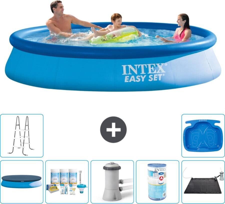 Intex Easy Set Intex Rond Opblaasbaar Easy Set Zwembad 366 x 76 cm Blauw Inclusief Afdekzeil Onderhoudspakket Zwembadfilterpomp Filter Solar Mat Ladder Voetenbad