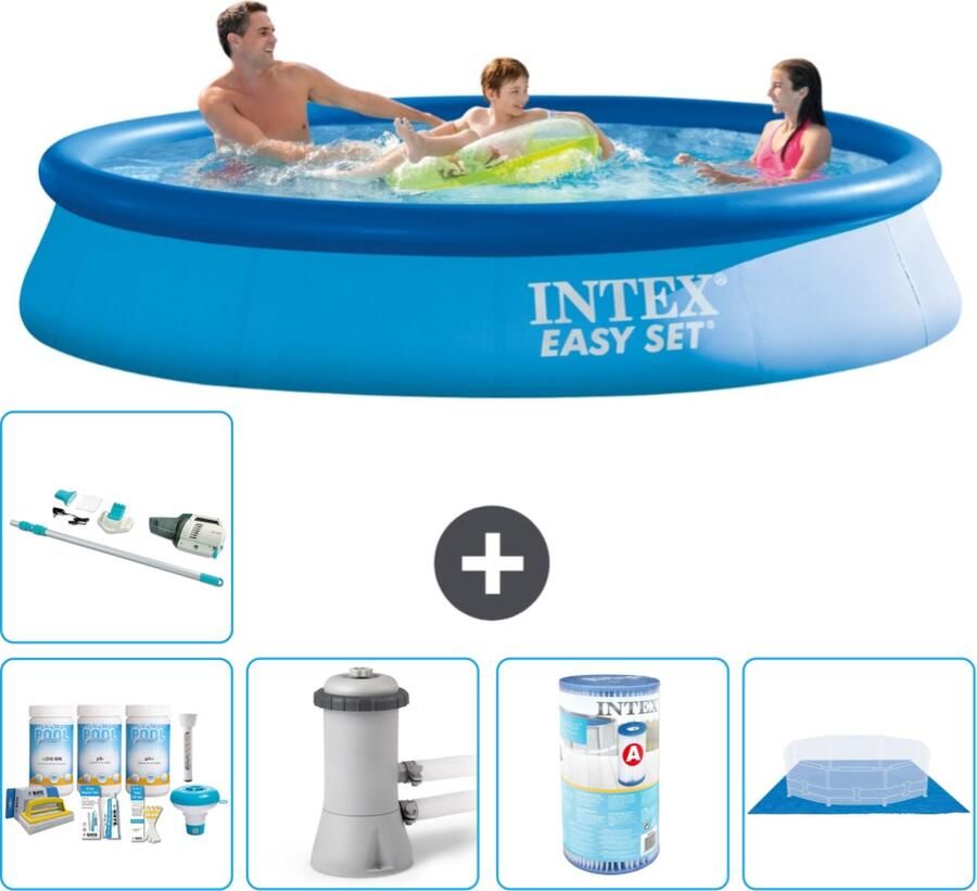 Intex Easy Set Intex Rond Opblaasbaar Easy Set Zwembad 366 x 76 cm Blauw Inclusief Onderhoudspakket Zwembadfilterpomp Filter Grondzeil Stofzuiger