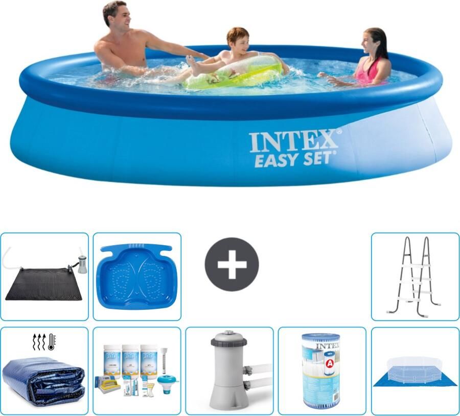 Intex Easy Set Intex Rond Opblaasbaar Easy Set Zwembad 366 x 76 cm Blauw Inclusief Solarzeil Onderhoudspakket Zwembadfilterpomp Filter Grondzeil Solar Mat Ladder Voetenbad