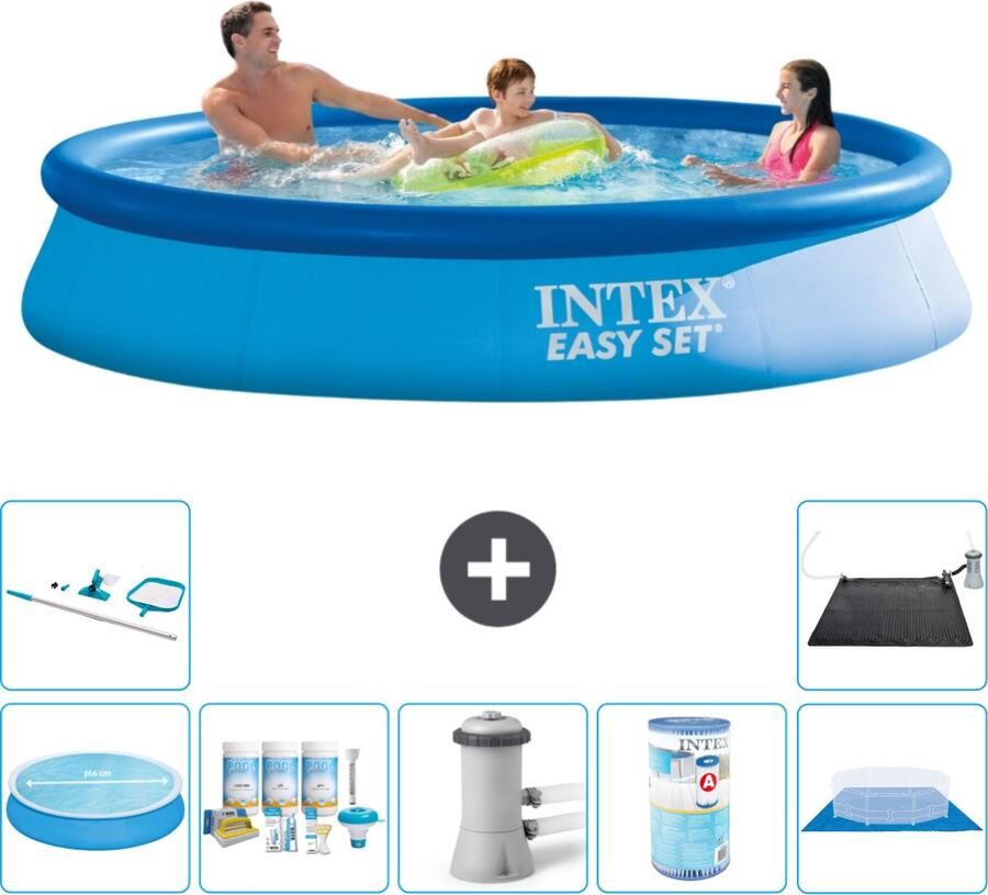Intex Easy Set Intex Rond Opblaasbaar Easy Set Zwembad 366 x 76 cm Blauw Inclusief Solarzeil Onderhoudspakket Zwembadfilterpomp Filter Grondzeil Schoonmaakset Solar Mat