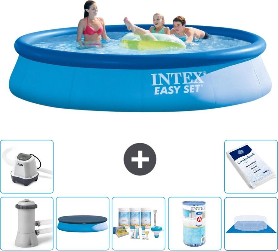 Intex Easy Set Intex Rond Opblaasbaar Easy Set Zwembad 396 x 84 cm Blauw Inclusief Pomp Afdekzeil Onderhoudspakket Filter Grondzeil Zoutwatersysteem Zwembadzout