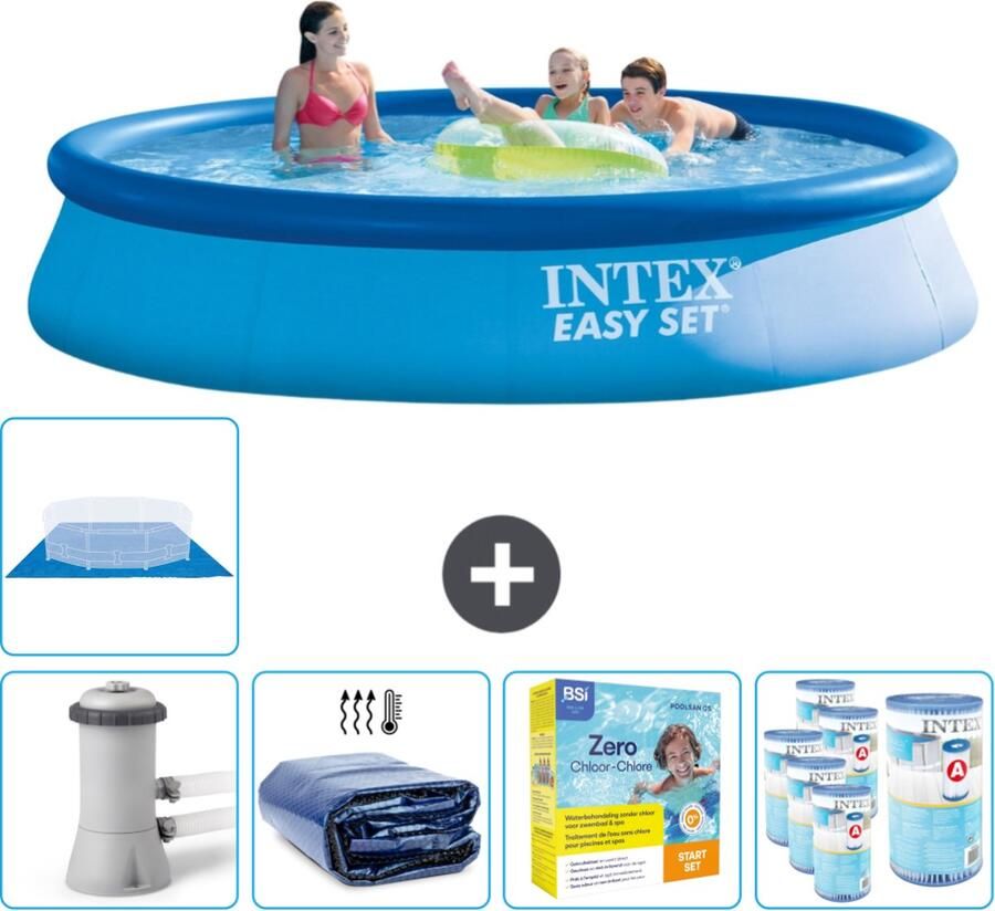 Intex Easy Set Intex Rond Opblaasbaar Easy Set Zwembad 396 x 84 cm Blauw Inclusief Pomp Solarzeil Onderhoudspakket Filters Grondzeil