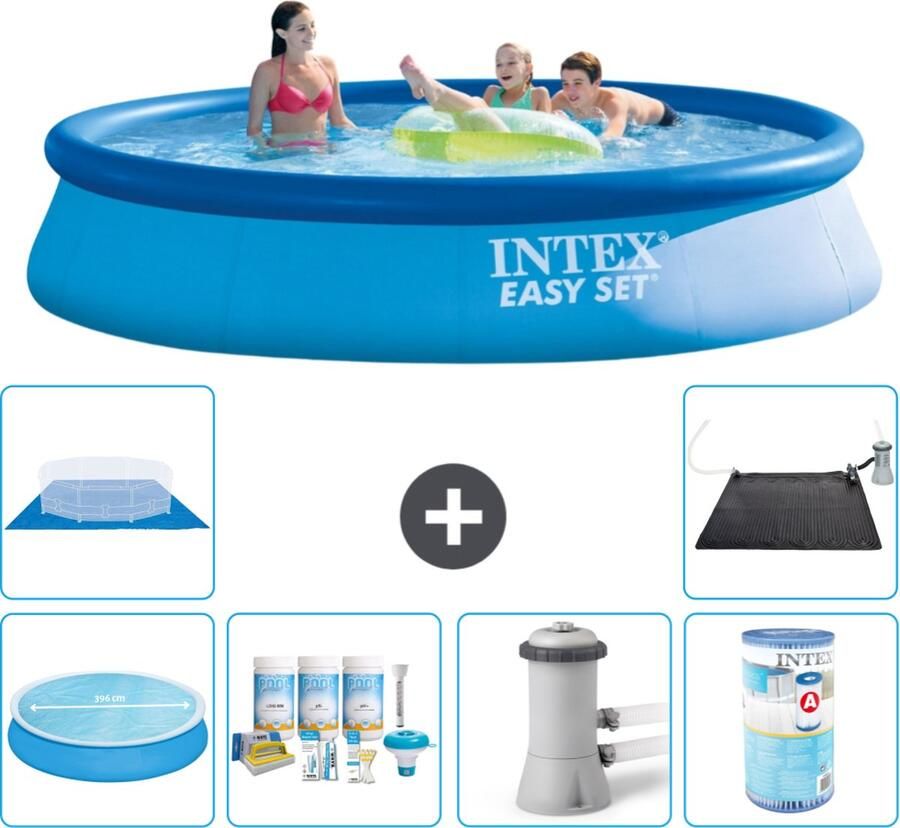 Intex Easy Set Intex Rond Opblaasbaar Easy Set Zwembad 396 x 84 cm Blauw Inclusief Solarzeil Onderhoudspakket Zwembadfilterpomp Filter Grondzeil Solar Mat