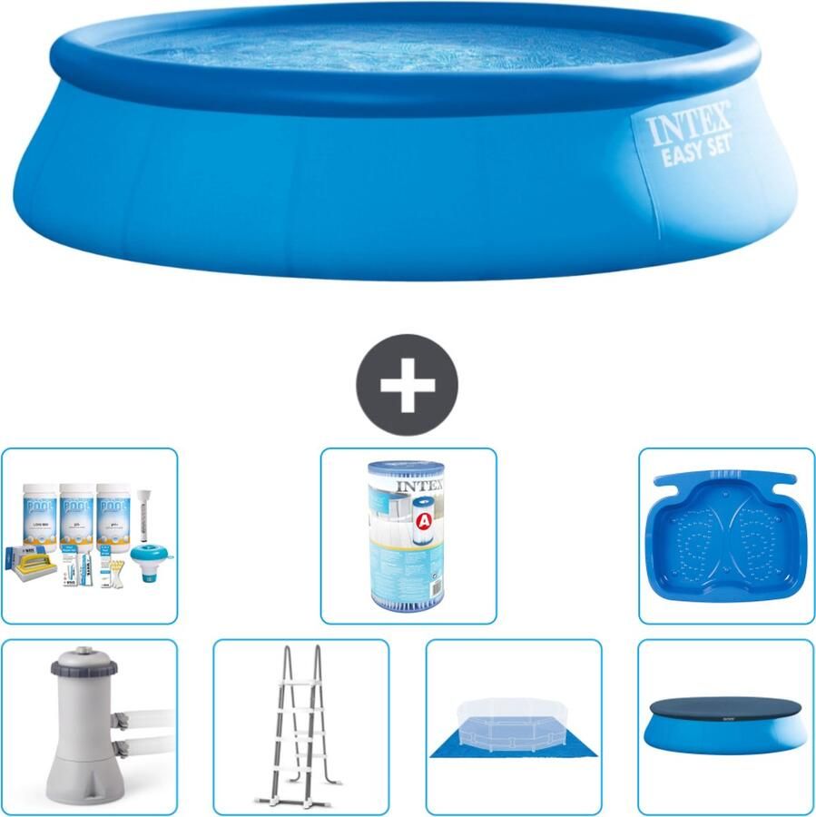 Intex Easy Set Intex Rond Opblaasbaar Easy Set Zwembad 457 x 122 cm Blauw Inclusief Pomp Ladder Grondzeil Afdekzeil Onderhoudspakket Filter Voetenbad