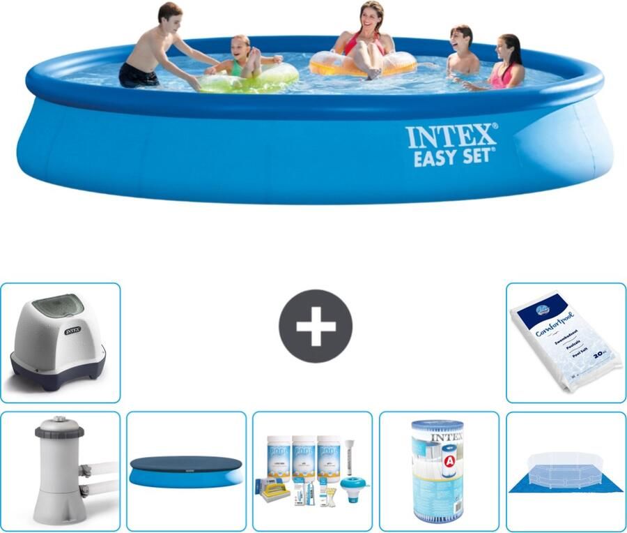 Intex Easy Set Intex Rond Opblaasbaar Easy Set Zwembad 457 x 84 cm Blauw Inclusief Pomp Afdekzeil Onderhoudspakket Filter Grondzeil Zoutwatersysteem Zwembadzout