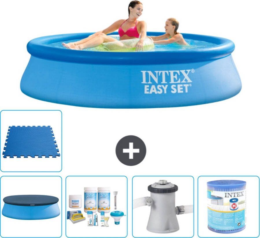 Intex Easy Set Intex Rond Opblaasbaar Easy Set Zwembad 244 x 61 cm Blauw Inclusief Afdekzeil Onderhoudspakket Zwembadfilterpomp Filter Vloertegels