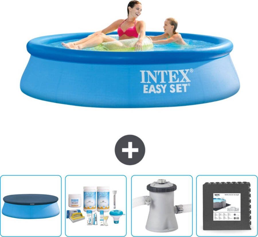 Intex Easy Set Intex Rond Opblaasbaar Easy Set Zwembad 244 x 61 cm Blauw Inclusief Afdekzeil Onderhoudspakket Zwembadfilterpomp Vloertegels