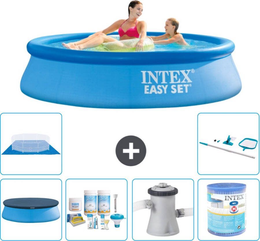 Intex Easy Set Intex Rond Opblaasbaar Easy Set Zwembad 244 x 61 cm Blauw Inclusief Afdekzeil Onderhoudspakket Zwembadfilterpomp Filter Grondzeil Schoonmaakset