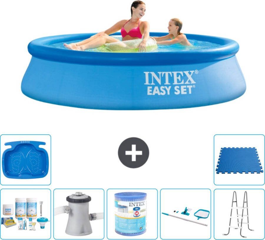 Intex Easy Set Intex Rond Opblaasbaar Easy Set Zwembad 244 x 61 cm Blauw Inclusief Onderhoudspakket Zwembadfilterpomp Filter Schoonmaakset Ladder Voetenbad Vloertegels