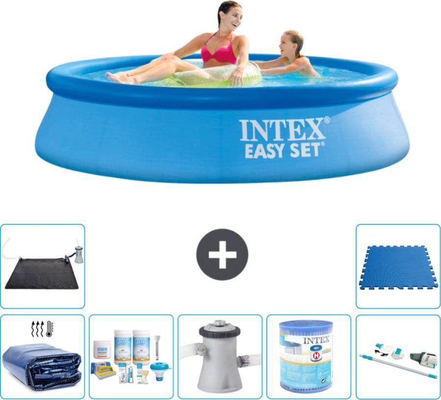Intex Easy Set Intex Rond Opblaasbaar Easy Set Zwembad 244 x 61 cm Blauw Inclusief Solarzeil Onderhoudspakket Zwembadfilterpomp Filter Stofzuiger Solar Mat Vloertegels