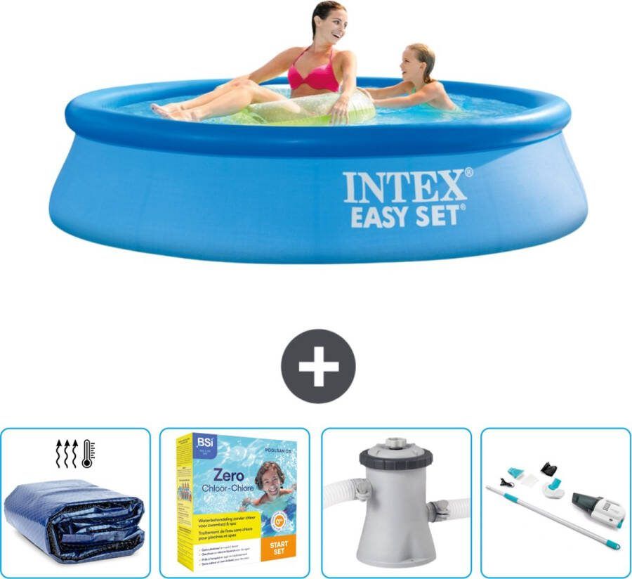 Intex Easy Set Intex Rond Opblaasbaar Easy Set Zwembad 244 x 61 cm Blauw Inclusief Solarzeil Onderhoudspakket Zwembadfilterpomp Stofzuiger