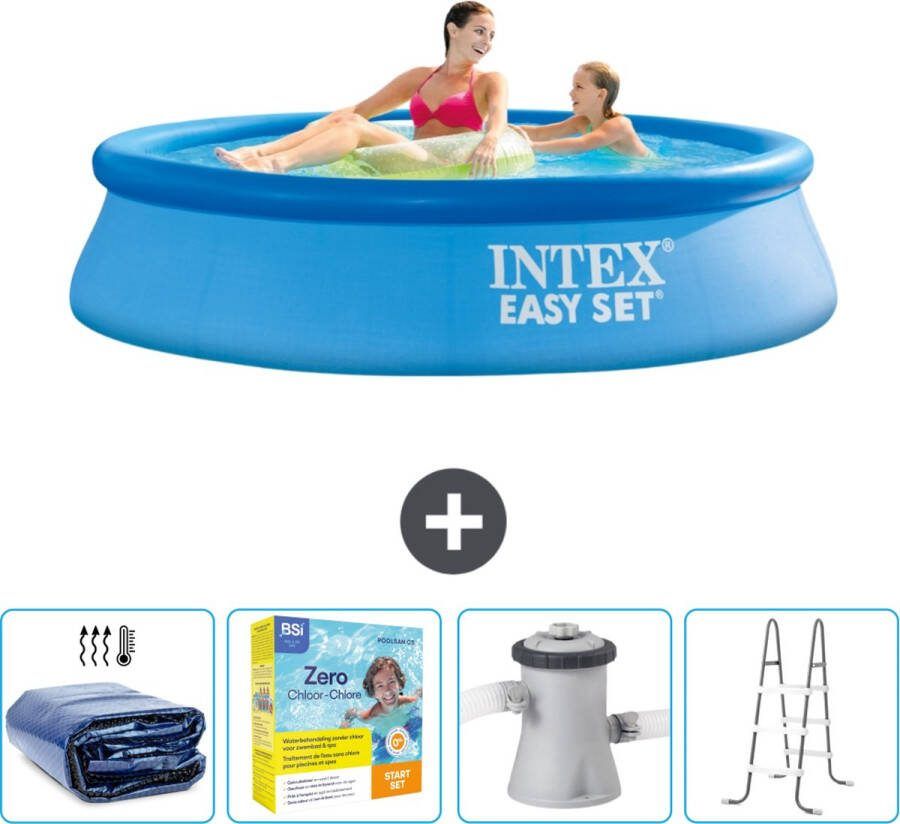 Intex Easy Set Intex Rond Opblaasbaar Easy Set Zwembad 244 x 61 cm Blauw Inclusief Solarzeil Onderhoudspakket Zwembadfilterpomp Ladder