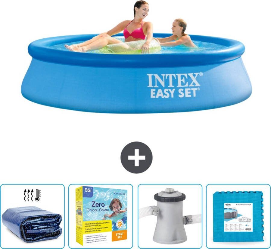 Intex Easy Set Intex Rond Opblaasbaar Easy Set Zwembad 244 x 61 cm Blauw Inclusief Solarzeil Onderhoudspakket Zwembadfilterpomp Vloertegels