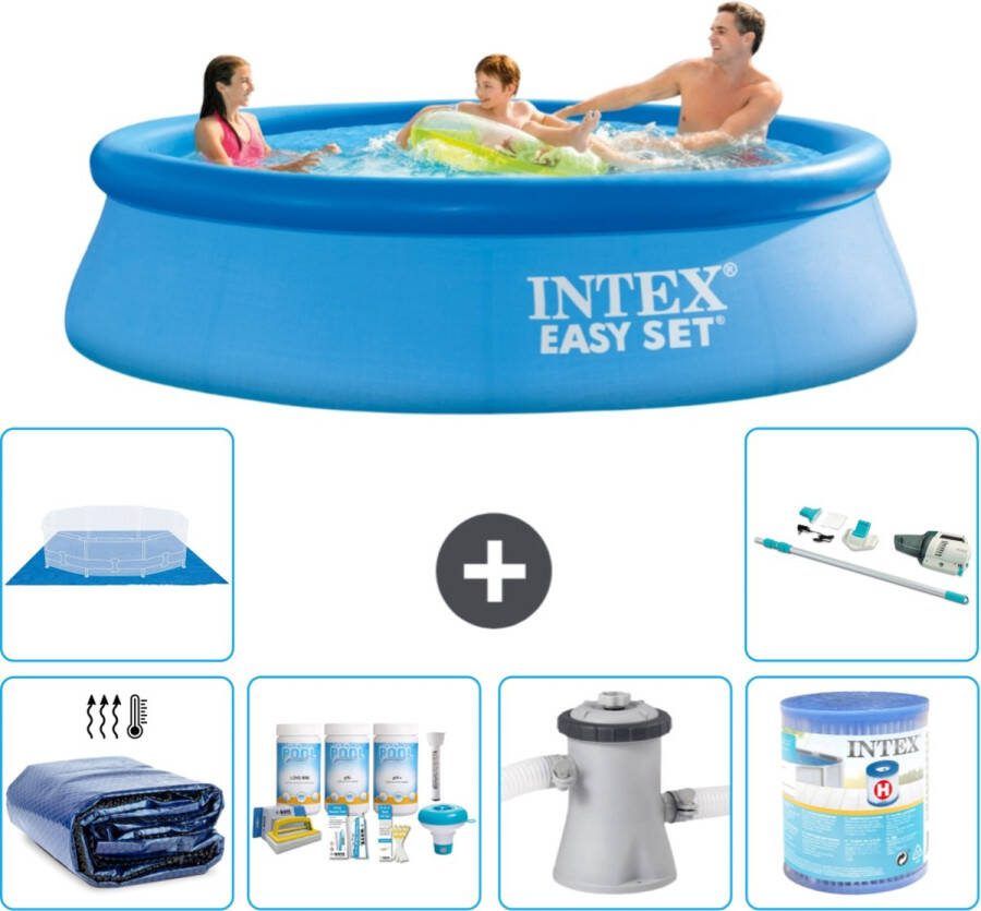 Intex Easy Set Intex Rond Opblaasbaar Easy Set Zwembad 305 x 76 cm Blauw Inclusief Solarzeil Onderhoudspakket Zwembadfilterpomp Filter Grondzeil Stofzuiger