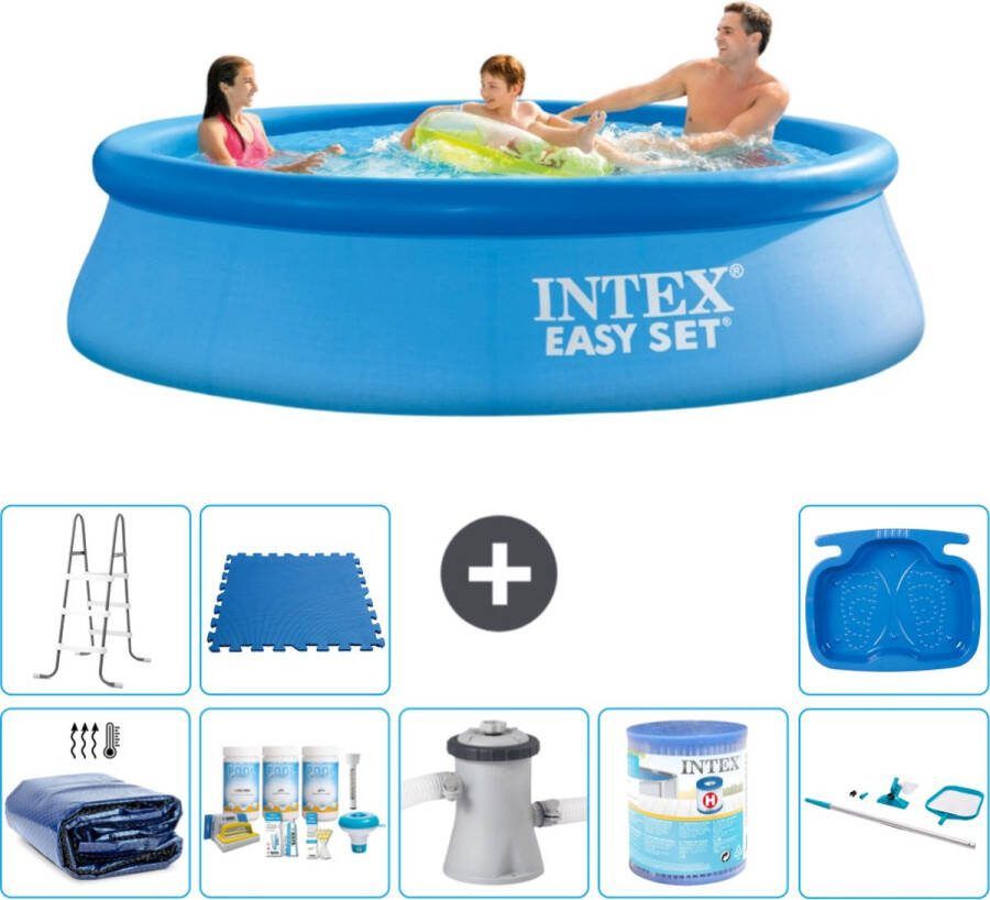 Intex Easy Set Intex Rond Opblaasbaar Easy Set Zwembad 305 x 76 cm Blauw Inclusief Solarzeil Onderhoudspakket Zwembadfilterpomp Filter Schoonmaakset Ladder Voetenbad Vloertegels