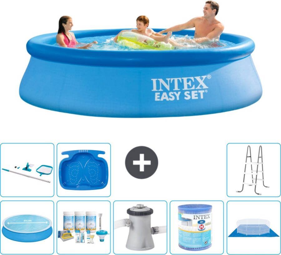 Intex Easy Set Intex Rond Opblaasbaar Easy Set Zwembad 305 x 76 cm Blauw Inclusief Solarzeil Onderhoudspakket Zwembadfilterpomp Filter Grondzeil Schoonmaakset Ladder Voetenbad