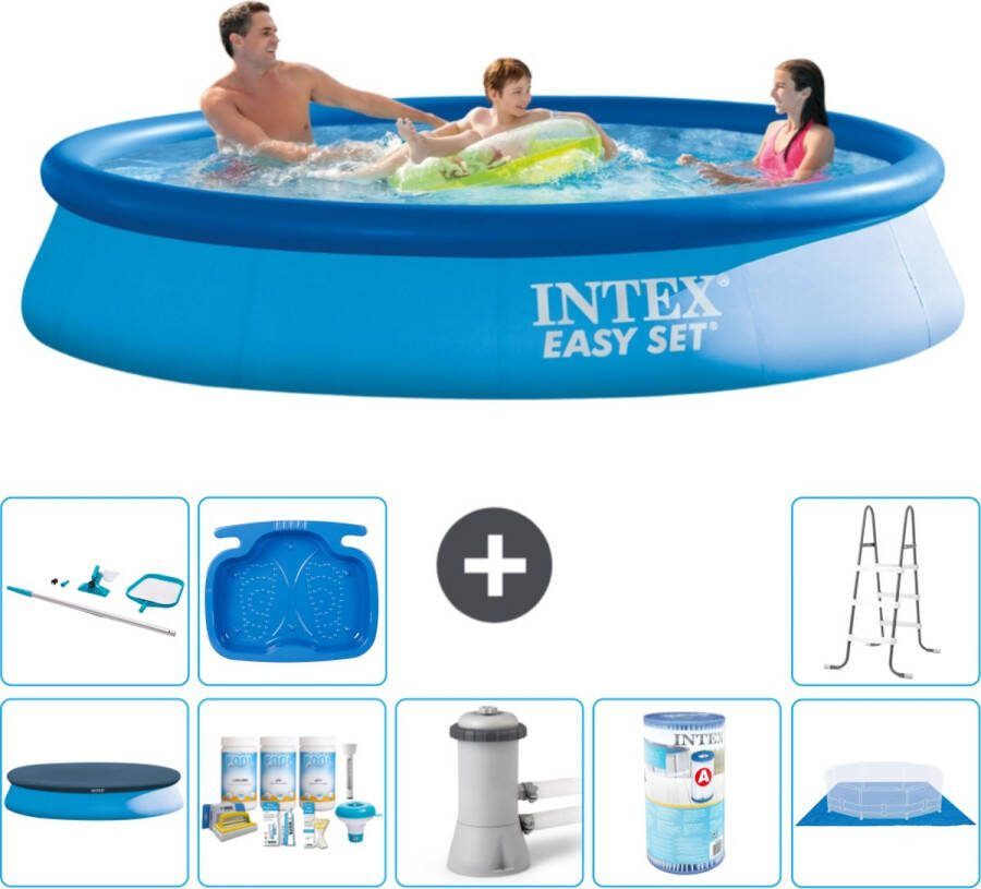 Intex Easy Set Intex Rond Opblaasbaar Easy Set Zwembad 366 x 76 cm Blauw Inclusief Afdekzeil Onderhoudspakket Zwembadfilterpomp Filter Grondzeil Schoonmaakset Ladder Voetenbad