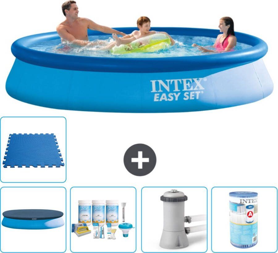 Intex Easy Set Intex Rond Opblaasbaar Easy Set Zwembad 366 x 76 cm Blauw Inclusief Afdekzeil Onderhoudspakket Zwembadfilterpomp Filter Vloertegels